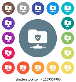 Protected FTP flat white icons on round color backgrounds. 17 background color variations are included.