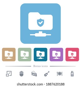 Geschützte FTP-weiße Flachsymbole auf buntem, quadratischem Hintergrund. 6 Bonussymbole enthalten