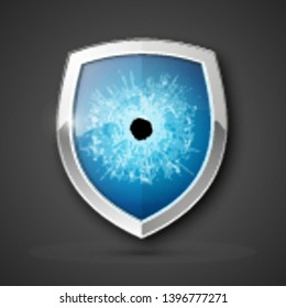 Protected guard bullet hole sticker shield concept. Safety badge protection icon. Privacy transparent banner shield. Security presentation bullet hole sticker shield. Defense safeguard sign badge