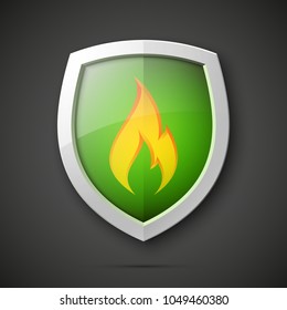 Protected guard flame shield concept. Safety badge smoke fire icon. Privacy flame banner shield. Security label Defense fire tag. Presentation sticker flame icon. Vector defense safeguard shield smoke