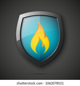 Protected guard flame shield concept. Safety badge smoke fire icon. Privacy flame banner shield. Security label Defense fire tag. Presentation sticker flame icon. Vector defense safeguard shield smoke