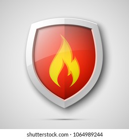 Protected guard flame shield concept. Safety badge smoke fire icon. Privacy flame banner shield. Security label Defense fire tag. Presentation sticker flame icon. Vector defense safeguard shield smoke