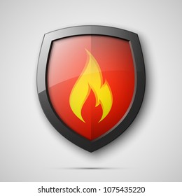 Protected guard flame shield concept. Safety badge smoke fire icon. Privacy flame banner shield. Security label Defense fire tag. Presentation sticker flame icon. Vector defense safeguard shield smoke