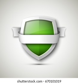 Protected guard shield & band. Safety badge color stripe icon. Privacy banner shield & tape. Security label. Defense tag. Presentation sticker shield ribbon. Defense safeguard stripe. Vector ribbon