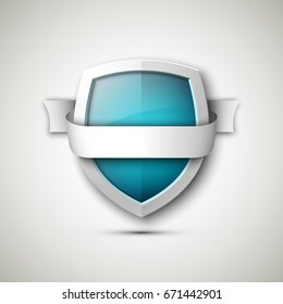 Protected guard shield & band. Safety badge color stripe icon. Privacy banner shield & tape. Security label. Defense tag. Presentation sticker shield ribbon. Defense safeguard stripe. Vector ribbon