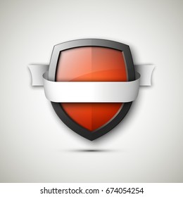 Protected guard shield & band. Safety badge color stripe icon. Privacy banner shield & tape. Security label. Defense tag. Presentation sticker shield ribbon. Defense safeguard stripe. Vector ribbon