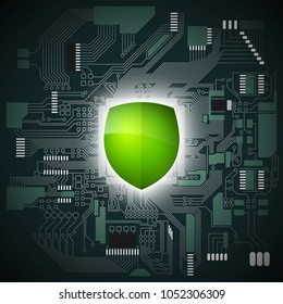 Protected guard shield circuit board. Electronic computer hardware processor security technology. Motherboard digital chip. Tech processor safeguard. Privacy shield engineering motherboard component