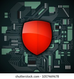 Protected guard shield circuit board. Electronic computer hardware processor security technology. Motherboard digital chip. Tech processor safeguard. Privacy shield engineering motherboard component