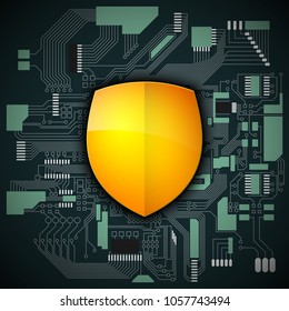 Protected guard shield circuit board. Electronic computer hardware processor security technology. Motherboard digital chip. Tech processor safeguard. Privacy shield engineering motherboard component