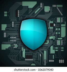 Protected guard shield circuit board. Electronic computer hardware processor security technology. Motherboard digital chip. Tech processor safeguard. Privacy shield engineering motherboard component