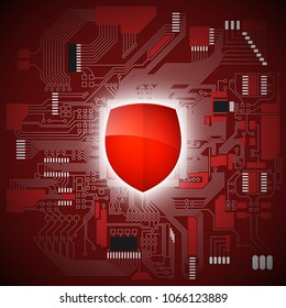 Protected guard shield circuit board. Electronic computer hardware processor security technology. Motherboard digital chip. Tech processor safeguard. Privacy shield engineering motherboard component