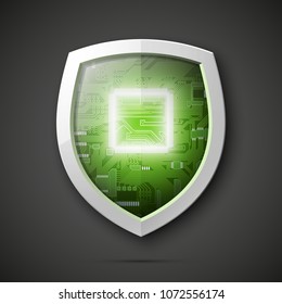 Protected guard shield circuit board. Electronic computer hardware processor security technology. Motherboard digital chip. Tech processor safeguard. Privacy shield engineering motherboard component