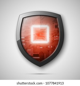Protected guard shield circuit board. Electronic computer hardware processor security technology. Motherboard digital chip. Tech processor safeguard. Privacy shield engineering motherboard component