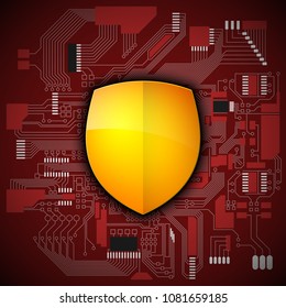 Protected guard shield circuit board. Electronic computer hardware processor security technology. Motherboard digital chip. Tech processor safeguard. Privacy shield engineering motherboard component