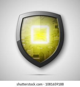 Protected guard shield circuit board. Electronic computer hardware processor security technology. Motherboard digital chip. Tech processor safeguard. Privacy shield engineering motherboard component