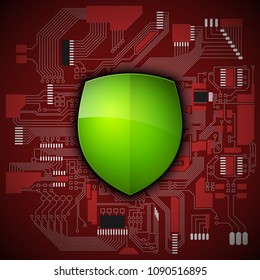 Protected guard shield circuit board. Electronic computer hardware processor security technology. Motherboard digital chip. Tech processor safeguard. Privacy shield engineering motherboard component
