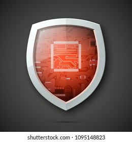 Protected guard shield circuit board. Electronic computer hardware processor security technology. Motherboard digital chip. Tech processor safeguard. Privacy shield engineering motherboard component