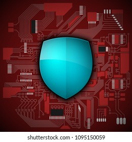 Protected guard shield circuit board. Electronic computer hardware processor security technology. Motherboard digital chip. Tech processor safeguard. Privacy shield engineering motherboard component