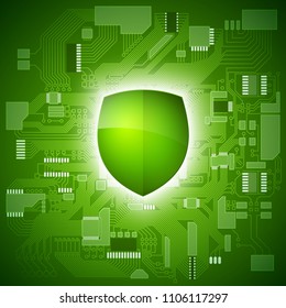 Protected guard shield circuit board. Electronic computer hardware processor security technology. Motherboard digital chip. Tech processor safeguard. Privacy shield engineering motherboard component