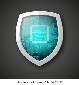 Protected guard shield circuit board. Electronic computer hardware processor security technology. Motherboard digital chip. Tech processor safeguard. Privacy shield engineering motherboard component