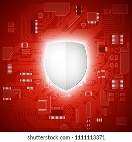 Protected guard shield circuit board. Electronic computer hardware processor security technology. Motherboard digital chip. Tech processor safeguard. Privacy shield engineering motherboard component