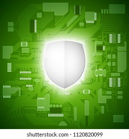 Protected guard shield circuit board. Electronic computer hardware processor security technology. Motherboard digital chip. Tech processor safeguard. Privacy shield engineering motherboard component