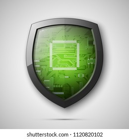 Protected guard shield circuit board. Electronic computer hardware processor security technology. Motherboard digital chip. Tech processor safeguard. Privacy shield engineering motherboard component