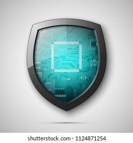 Protected guard shield circuit board. Electronic computer hardware processor security technology. Motherboard digital chip. Tech processor safeguard. Privacy shield engineering motherboard component