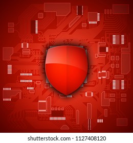 Protected guard shield circuit board. Electronic computer hardware processor security technology. Motherboard digital chip. Tech processor safeguard. Privacy shield engineering motherboard component