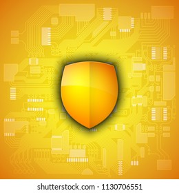 Protected guard shield circuit board. Electronic computer hardware processor security technology. Motherboard digital chip. Tech processor safeguard. Privacy shield engineering motherboard component