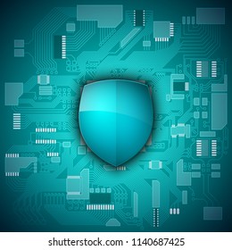 Protected guard shield circuit board. Electronic computer hardware processor security technology. Motherboard digital chip. Tech processor safeguard. Privacy shield engineering motherboard component