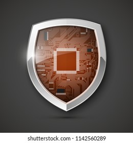 Protected guard shield circuit board. Electronic computer hardware processor security technology. Motherboard digital chip. Tech processor safeguard. Privacy shield engineering motherboard component