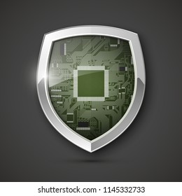 Protected guard shield circuit board. Electronic computer hardware processor security technology. Motherboard digital chip. Tech processor safeguard. Privacy shield engineering motherboard component