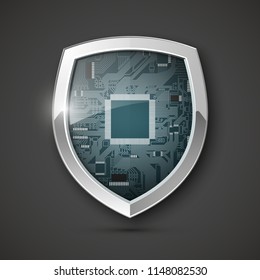 Protected guard shield circuit board. Electronic computer hardware processor security technology. Motherboard digital chip. Tech processor safeguard. Privacy shield engineering motherboard component