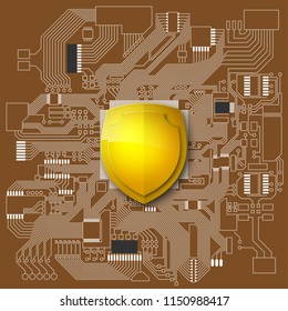 Protected guard shield circuit board. Electronic computer hardware processor security technology. Motherboard digital chip. Tech processor safeguard. Privacy shield engineering motherboard component