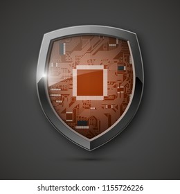 Protected guard shield circuit board. Electronic computer hardware processor security technology. Motherboard digital chip. Tech processor safeguard. Privacy shield engineering motherboard component