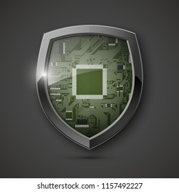 Protected guard shield circuit board. Electronic computer hardware processor security technology. Motherboard digital chip. Tech processor safeguard. Privacy shield engineering motherboard component