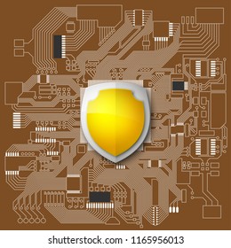 Protected guard shield circuit board. Electronic computer hardware processor security technology. Motherboard digital chip. Tech processor safeguard. Privacy shield engineering motherboard component