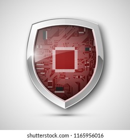 Protected guard shield circuit board. Electronic computer hardware processor security technology. Motherboard digital chip. Tech processor safeguard. Privacy shield engineering motherboard component