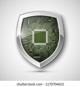 Protected guard shield circuit board. Electronic computer hardware processor security technology. Motherboard digital chip. Tech processor safeguard. Privacy shield engineering motherboard component