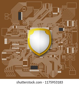 Protected guard shield circuit board. Electronic computer hardware processor security technology. Motherboard digital chip. Tech processor safeguard. Privacy shield engineering motherboard component