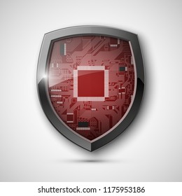 Protected guard shield circuit board. Electronic computer hardware processor security technology. Motherboard digital chip. Tech processor safeguard. Privacy shield engineering motherboard component