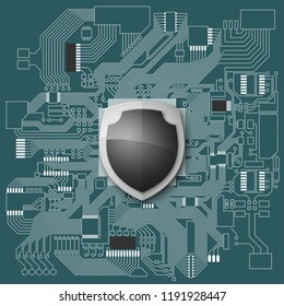 Protected guard shield circuit board. Electronic computer hardware processor security technology. Motherboard digital chip. Tech processor safeguard. Privacy shield engineering motherboard component