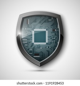 Placa de circuito protegida del escudo protector. Tecnología Electrónica de seguridad de procesador de hardware de computadora. Chip digital de la placa base. Protección del procesador tecnológico. Componente de placa base de ingeniería de escudo de privacidad