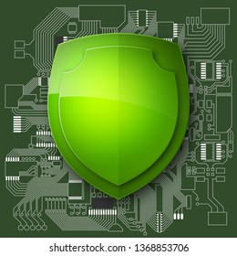 Protected guard shield circuit board. Electronic computer hardware processor security technology. Motherboard digital chip. Tech processor safeguard. Privacy shield engineering motherboard component