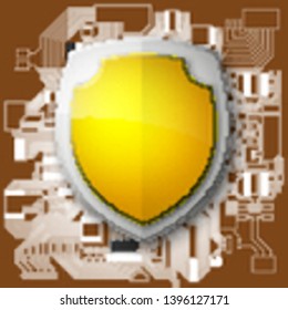 Protected guard shield circuit board. Electronic computer hardware processor security technology. Motherboard digital chip. Tech processor safeguard. Privacy shield engineering motherboard component