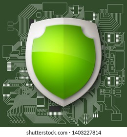 Protected guard shield circuit board. Electronic computer hardware processor security technology. Motherboard digital chip. Tech processor safeguard. Privacy shield engineering motherboard component