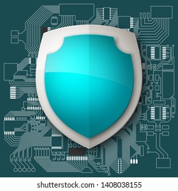 Protected guard shield circuit board. Electronic computer hardware processor security technology. Motherboard digital chip. Tech processor safeguard. Privacy shield engineering motherboard component