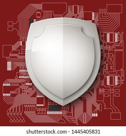Protected guard shield circuit board. Electronic computer hardware processor security technology. Motherboard digital chip. Tech processor safeguard. Privacy shield engineering motherboard component