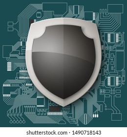 Protected guard shield circuit board. Electronic computer hardware processor security technology. Motherboard digital chip. Tech processor safeguard. Privacy shield engineering motherboard component